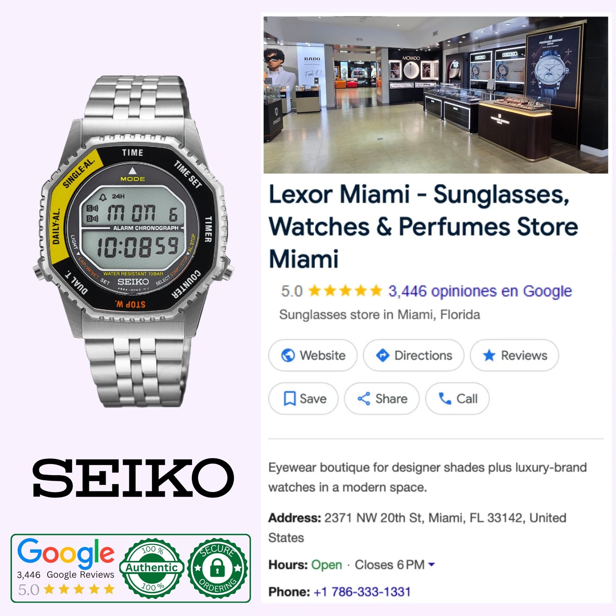 A Seiko Watches 5 Rotocall SMGG17 digital quartz watch is displayed beside a Google business listing for Lexor Miami - Sunglasses, Watches & Perfumes Store Miami, showing the store’s rating, address, phone number, and storefront image.