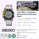 A Seiko Watches 5 Rotocall SMGG17 digital quartz watch is displayed beside a Google business listing for Lexor Miami - Sunglasses, Watches & Perfumes Store Miami, showing the store’s rating, address, phone number, and storefront image.
