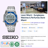 A Seiko Watches 5 Rotocall SMGG21 is shown beside a Google listing for Lexor Miami, a store selling sunglasses, watches & perfumes, with a 5-star rating and authenticity badges.