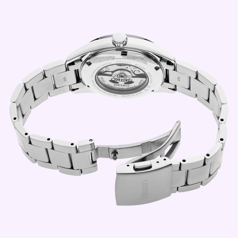 Seiko SPB155 exhibition caseback showing the Cal. 6R35 automatic movement, made in Japan