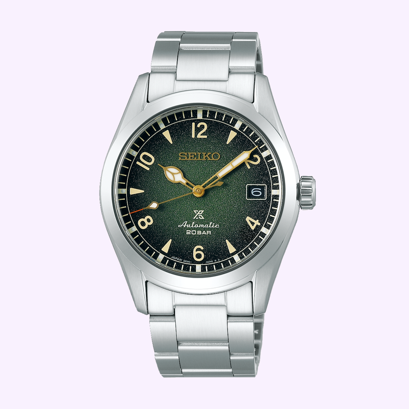 Seiko Prospex Alpinist SPB155 Baby Alpinist automatic watch with green dial and steel bracelet