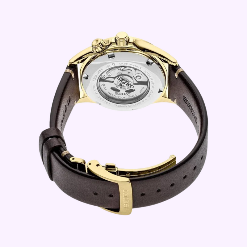 Seiko Prospex Alpinist SPB210 gold-tone stainless steel case and sapphire crystal side view