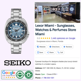 A Seiko Luxe Watches PROSPEX BUILT FOR THE ICE DIVER U.S. SPECIAL EDITION SPB263 is displayed next to a Google listing for Lexor Miami, a retailer specializing in sunglasses and luxury watches. The listing features 5-star reviews, store hours, address, phone number, and certification badges—showcasing this distinguished Seiko Luxe Watches U.S. Special Edition model among other premium selections.