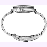 Side view of a silver metal wristwatch with a closed band and visible clasp, featuring the round watch case and crown against a plain light background. This Seiko Luxe Watches PROSPEX BUILT FOR THE ICE DIVER U.S. SPECIAL EDITION SPB263 combines robust functionality with sleek design as part of the U.S. Special Edition collection.