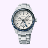 Seiko SPB269 Presage Sharp-Edged GMT Zero Halliburton limited edition watch, front view with blue-black bezel