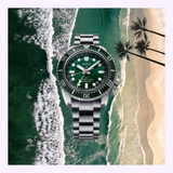 Seiko SPB381 stainless steel three-link bracelet with secure-lock clasp and diver's wetsuit extension