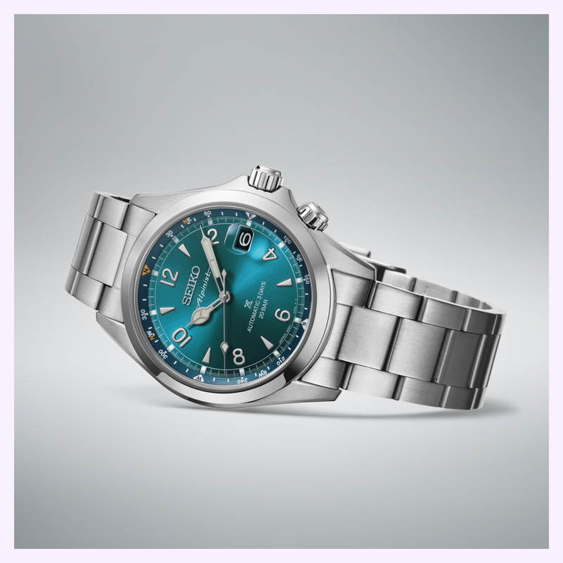 Seiko SPB503 Prospex Alpinist side profile showing 12.7mm slim case, Diashield coating, and screw-down crown at 4 o'clock