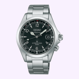 Seiko SPB505 Prospex Alpinist automatic watch with black dial and stainless steel bracelet, front view