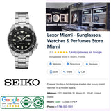 A Seiko wristwatch—specifically the Seiko SRPD55 5 Sports 24-Jewel Automatic Watch from Seiko Watches—and a Seiko logo are shown alongside a Google listing for Lexor Miami, a store selling watches and perfumes. The listing features ratings, address, phone number, hours, and a photo of the store interior.