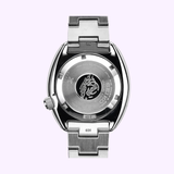 Seiko Prospex SRPE99 45mm stainless steel PADI dive watch three-quarter angle view on white background.