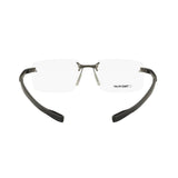 A pair of Tag Heuer Optical TH50004U 56091 rimless frames with black arms, viewed from the front. The right lens features a reversed TAG HEUER logo.