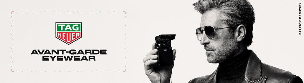 A man in sunglasses and a leather jacket holds a device near his face. To the left are the TAG Heuer logo and the text Avant-Garde Eyewear on a white background. The name Patrick Dempsey appears vertically on the right.