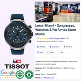 Image shows the blue Tissot Watches T-Race 45mm T1414172704100, Lexor Miami store interior, Google Maps info, Tissot and Google logos, authentic badges, Swiss Quartz chronograph details, and contact information.
