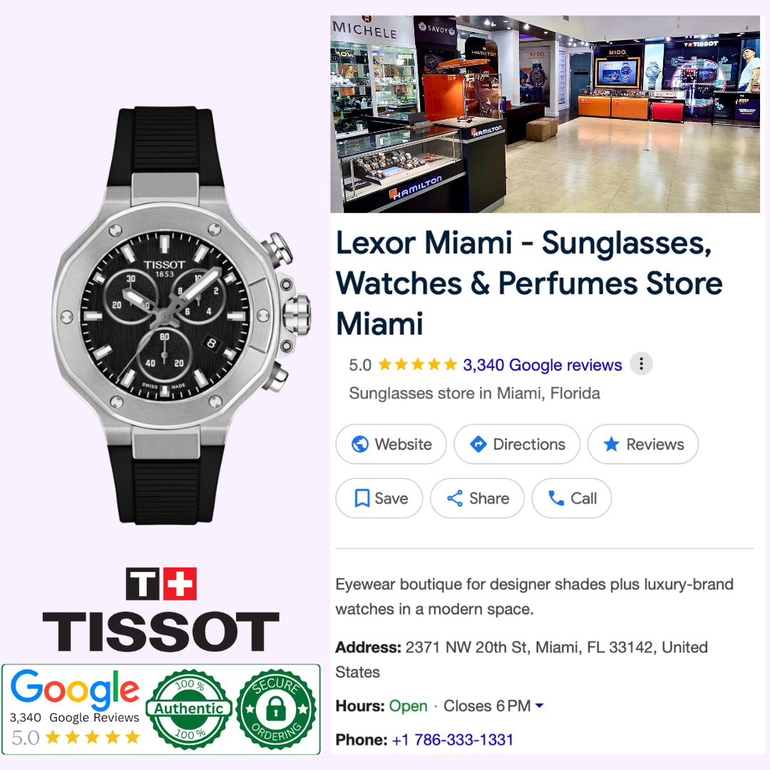 A Tissot Watches T-Race 38mm T1418171705100 in silver and black, a Swiss Quartz chronograph with motorcycle-inspired details, is shown beside a Google listing for Lexor Miami featuring store info, ratings, logos, and certification badges.