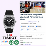 An ad for Lexor Miami showcases the Tissot Watches PRX 40mm T1374071705100, featuring Google reviews, authenticity badges, store address and contact info, plus a photo of the modern boutique's eyewear and watch display interior.