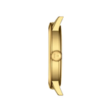 Side view of a gold-tone Tissot T1294103626100 CLASSIC DREAM Men Watches case with a textured crown featuring a letter T.