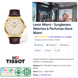 A gold-tone Tissot T1294103626100 CLASSIC DREAM men’s watch with a cream dial and brown leather strap, displayed with information for a Miami store including its Google rating, address, and contact details.