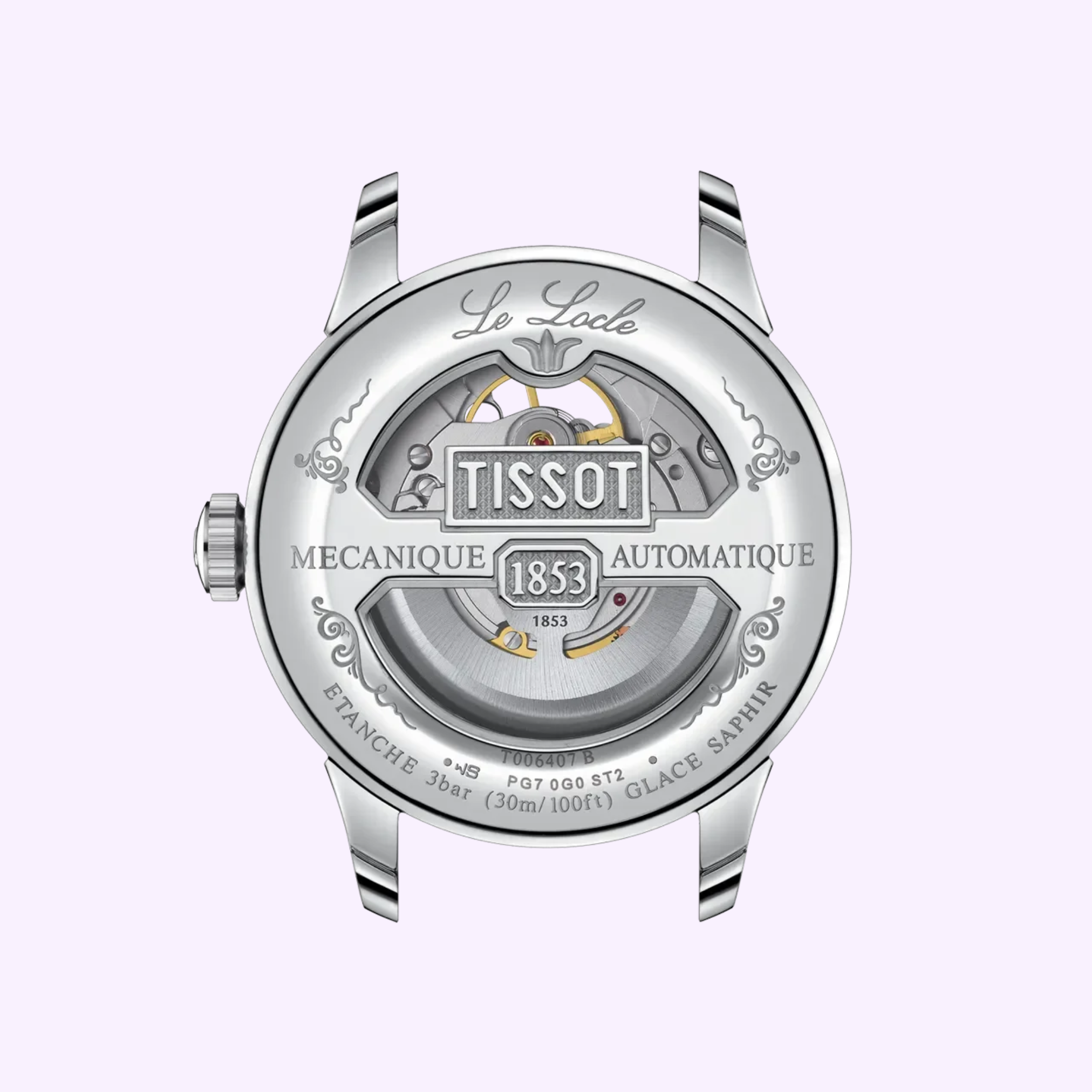 Side profile of Tissot Le Locle stainless steel case 9.75mm thickness sapphire crystal