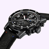 A close-up of the TISSOT Watches Supersport NBA Special Edition T1256173706700 with a textured black dial, three subdials, white markers, and a black leather strap—an elegant tribute to Swiss watchmaking by Tissot Watches.