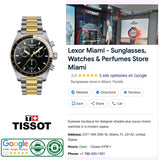 A Swiss-made Tissot Watches T1494172205100 PR516 Chronograph luxury sports watch with a black dial and gold-silver strap is displayed above a listing for Lexor Miami store, which includes the store photo, address, hours, Google ratings, and contact information.