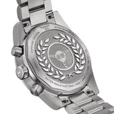 Close-up of the caseback of the Tissot Watches T1494172205100 TISSOT PR516 CHRONOGRAPH, highlighting its stainless steel construction, aviation-inspired engraving, laurel wreath motif, detailed specifications, and water resistance information—hallmarks of this luxury sports model from Tissot Watches.
