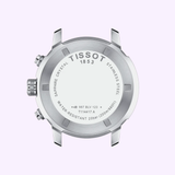 Close-up Tissot PRC 200 black dial Super-LumiNova indices Arabic numerals chronograph subdials