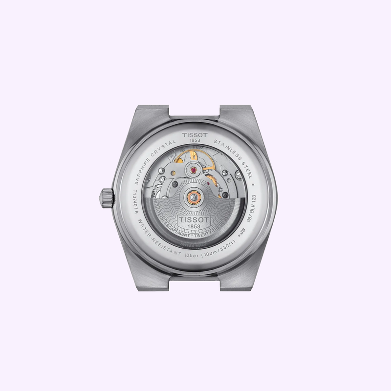 Back view of the Tissot PRX Powermatic 80 showing the Swiss automatic movement through the transparent case back