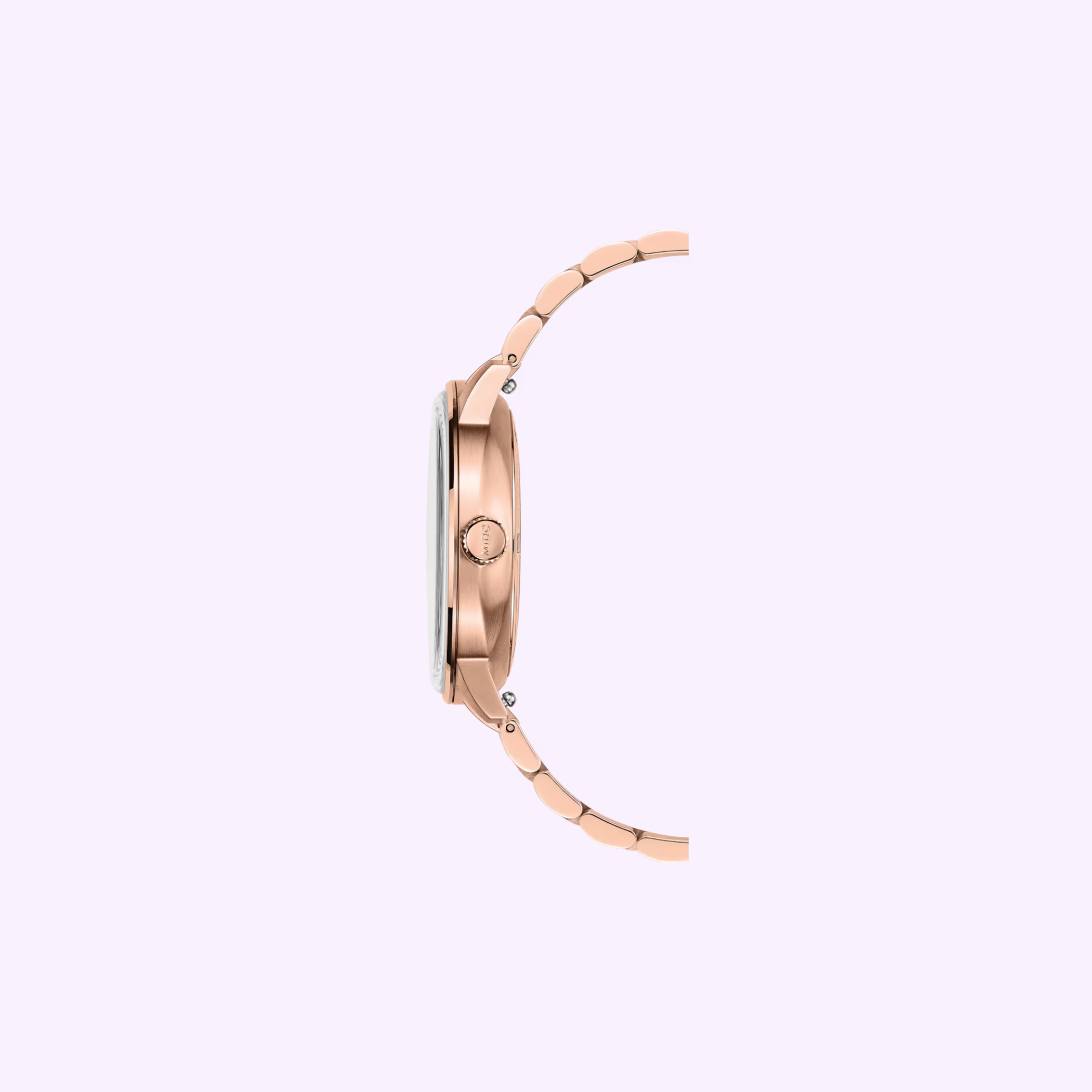 Side view of the Mido Watches Commander Datoday M0214303309100 in rose gold, with a slim case, metal link band, and sapphire glass, set against a light lavender background.
