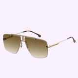 Carrera 1016/S J5G 64 Unisex Sunglasses by Carrera Sunglasses feature gold aviator-style frames, large square gradient brown lenses, and slim gold temples with brown tips—shown against a light purple background. UPC: 716736126999.