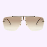 Front view of Carrera 1016/S J5G 64 Unisex Sunglasses by Carrera, featuring a rimless square design, gradient brown lenses, gold-tone bridge, and thin brown arms, shown on a light purple background.