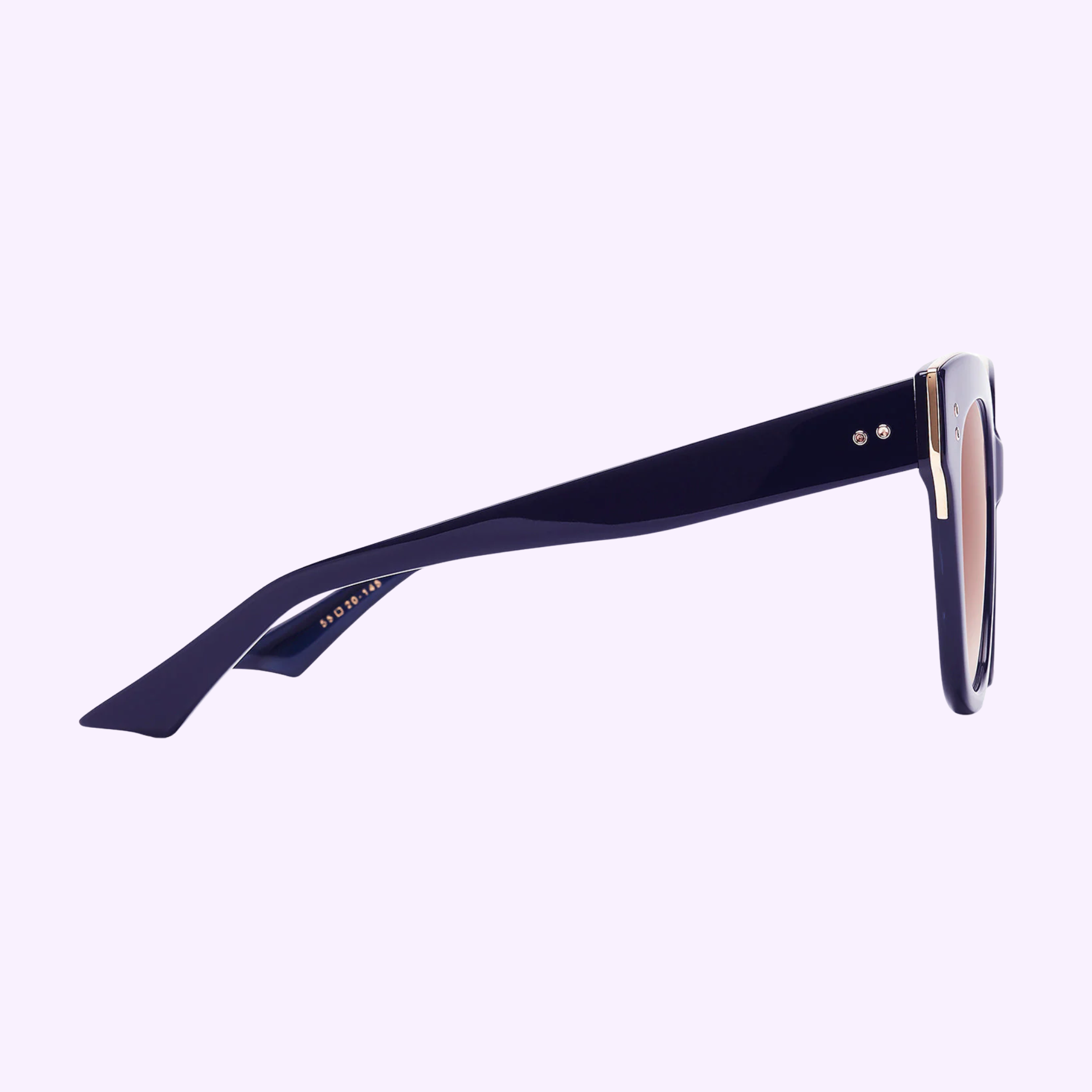 Side view of Dita Sunglasses DAY TRIPPER 22031-D-NVY-GLD-55-Z with oversized frames, thick arms, gold accents at the hinges, and tinted lenses—showcasing Japanese craftsmanship against a light purple background.