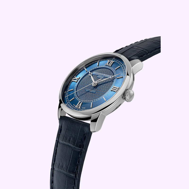 Frederique Constant Classics Premiere FC-301N3B6 shown at an angle, polished case and blue crocodile-pattern leather strap