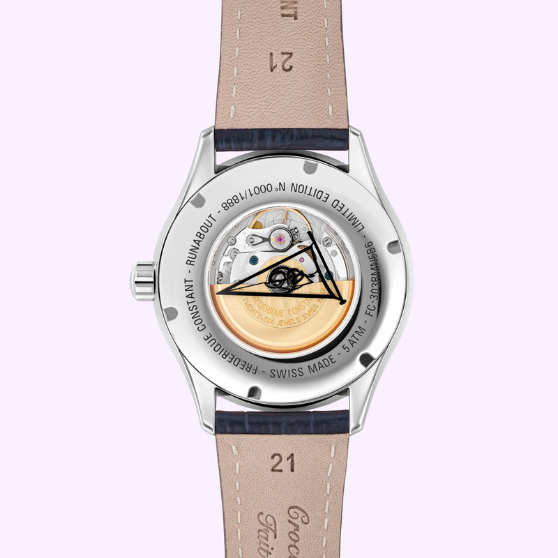 Frederique Constant Runabout Automatic FC-303RMLN5B6 exhibition caseback showing the engraved automatic rotor and movement finishing