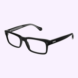 The Cartier CT0291O-001 54 Optical Frame by Cartier Optical features black acetate rectangular frames with thick rims and wide arms, shown against a light purple background.