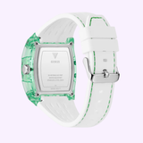 Back view of the Guess Watches Men's White Green Multi-function GW0499G10 wristwatch, showing its square face, green transparent case, white silicone strap with green stitching, silver buckle clasp, water resistance, and stainless steel back.