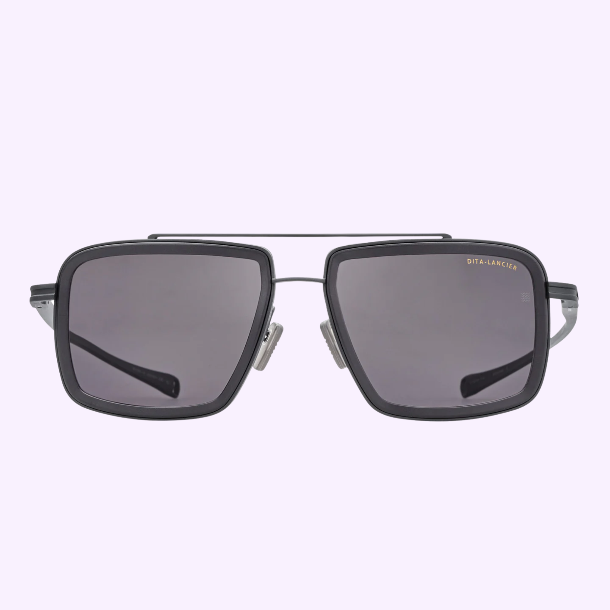 Dita Sunglasses DLS422-A-04 LSA-422 from Dita Sunglasses feature a rectangular black frame, dark polarized lenses, and a double bridge design, shown on a light purple background for striking contrast.