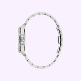 Side view of the Bulova Watches Marine Star 96P248 ladies watch (UPC: 042429597433), featuring a sleek silver metal link band, round case, and diamond hour markers against a light lavender background.