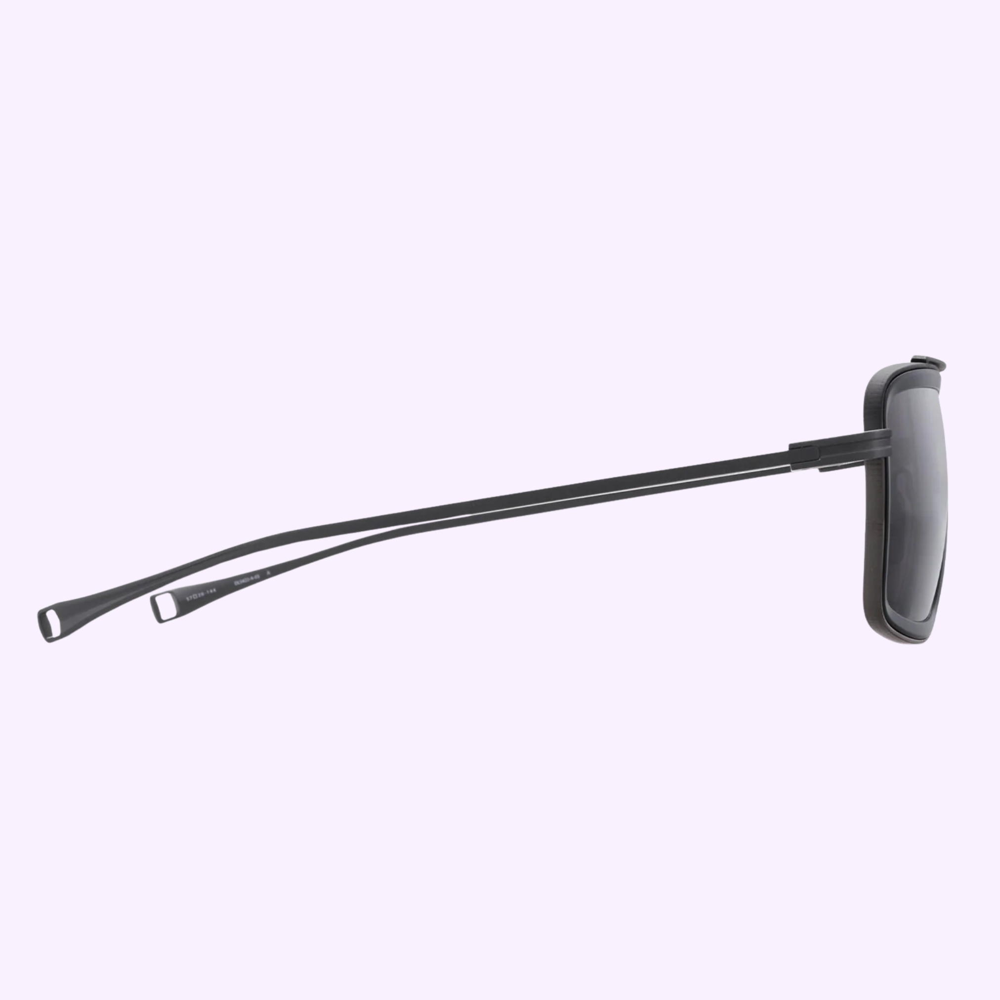 The Dita Sunglasses DLS422-A-04 LSA-422 by Dita Sunglasses are featured in black with thin arms, a rectangular frame, and high contrast design, shown from the side on a light purple background.