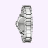 The Bulova Watches Marine Star 96P248 Ladies (UPC: 042429597433) is shown from the back, highlighting its stainless steel link bracelet and closed case against a pale lavender background, with elegant diamond hour markers.
