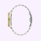 Side view of Bulova Watches Marine Star 98P227 Ladies, featuring a two-tone silver and gold metal band, diamond hour markers, and gold crown, displayed against a light lavender background.
