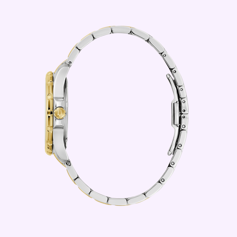 Side view of Bulova Marine Star 98P227 Ladies watch, two-tone silver and gold metal band, diamond hour markers, and gold crown
