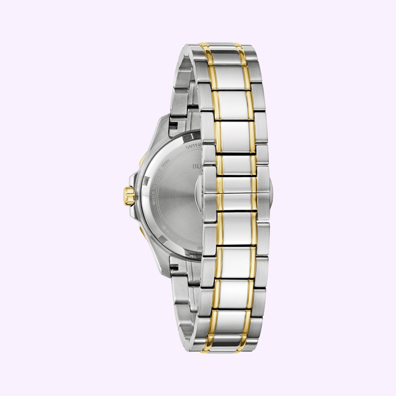 Close-up of the back of the Bulova Marine Star 98P227 Ladies watch showing the two-tone silver and gold bracelet