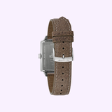 The Bulova Watches 96A314 Ennis House features a brown textured leather strap with a silver buckle and rectangular silver case, shown from the back on a pastel background—part of the limited edition men's collection by Bulova.