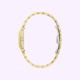 The Bulova Sutton 97L177 women’s watch by Bulova Watches is shown from the side, featuring a round crown, two-tone metal bracelet with clasp, and a mother-of-pearl dial on a pale light purple background.