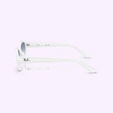 Lexor Miami Ray Ban Sunglasses RB4473D 80562628401771.00 (UPC 0RB4473D 67721956) are showcased from the side on a pale purple background, with gradient light blue lenses and a white full-rim frame, featuring the brand logo on the temple.