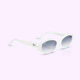 Lexor Miami Ray Ban Sunglasses RB4473D (UPC 0RB4473D 67721956) feature a white oval full-rim frame and gradient light blue lenses, shown at an angle on a pale lavender background.