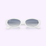 Lexor Miami Ray-Ban Sunglasses RB4473D, with a white full-rim thick oval frame and gradient light blue lenses featuring the Ray-Ban logo on the top left lens, are displayed on a light lavender background.
