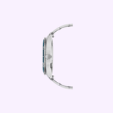 Side view of the silver Mido Watches Ocean Star 39 M0269071104101, a sleek Swiss automatic dive watch with metallic band and prominent crown, set against a light purple background; the 39mm watch face is not visible.