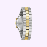 The Bulova Prestige 98B450 men's chronograph watch by Bulova Watches showcases its gold and silver stainless steel band, refined clasp, and two-tone links from the back, set against a light purple backdrop. UPC: 042429603363.