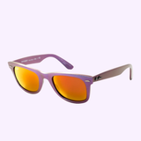 Ray-Ban RB2140 611169 50 unisex sunglasses by Ray-Ban Sunglasses, featuring orange mirrored lenses and a purple frame. Displayed at an angle with Ray-Ban and Lexor Miami logos. Stylish eyewear ideal for any look.